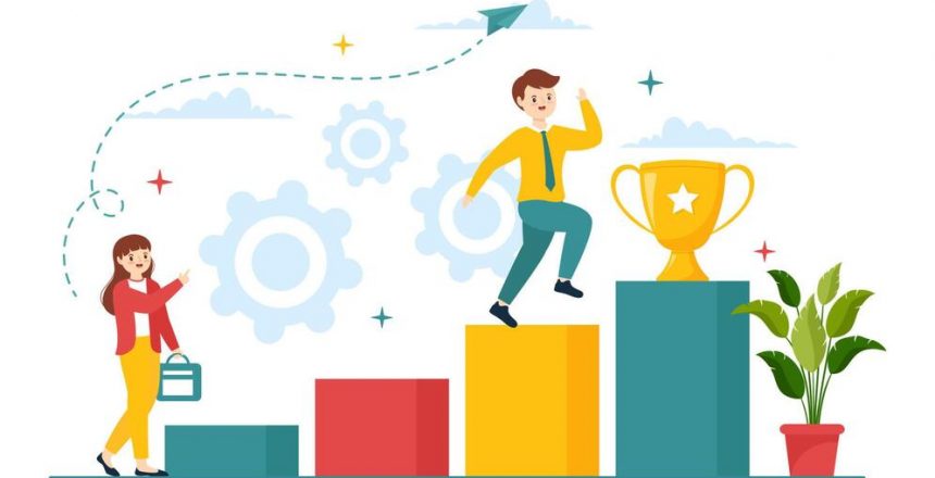 ambition-illustration-with-entrepreneur-climbing-the-ladder-to-success-and-career-development-in-flat-cartoon-business-plan-hand-drawing-template-vector