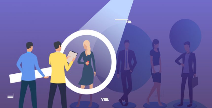 Employer and candidate talking through magnifying glass
